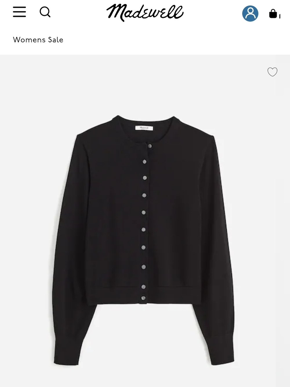 Madewell Black Button-Up Crewneck Cardigan 100% Cotton